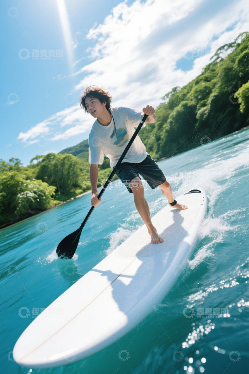 高清大图下载【趣麦麦图】男子水中站立划桨
