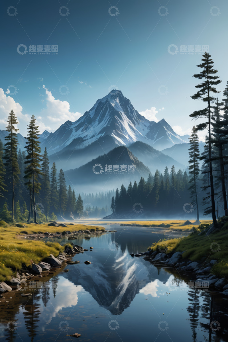 高清大图下载【趣麦麦图】山林间的静谧湖泊与远山景观