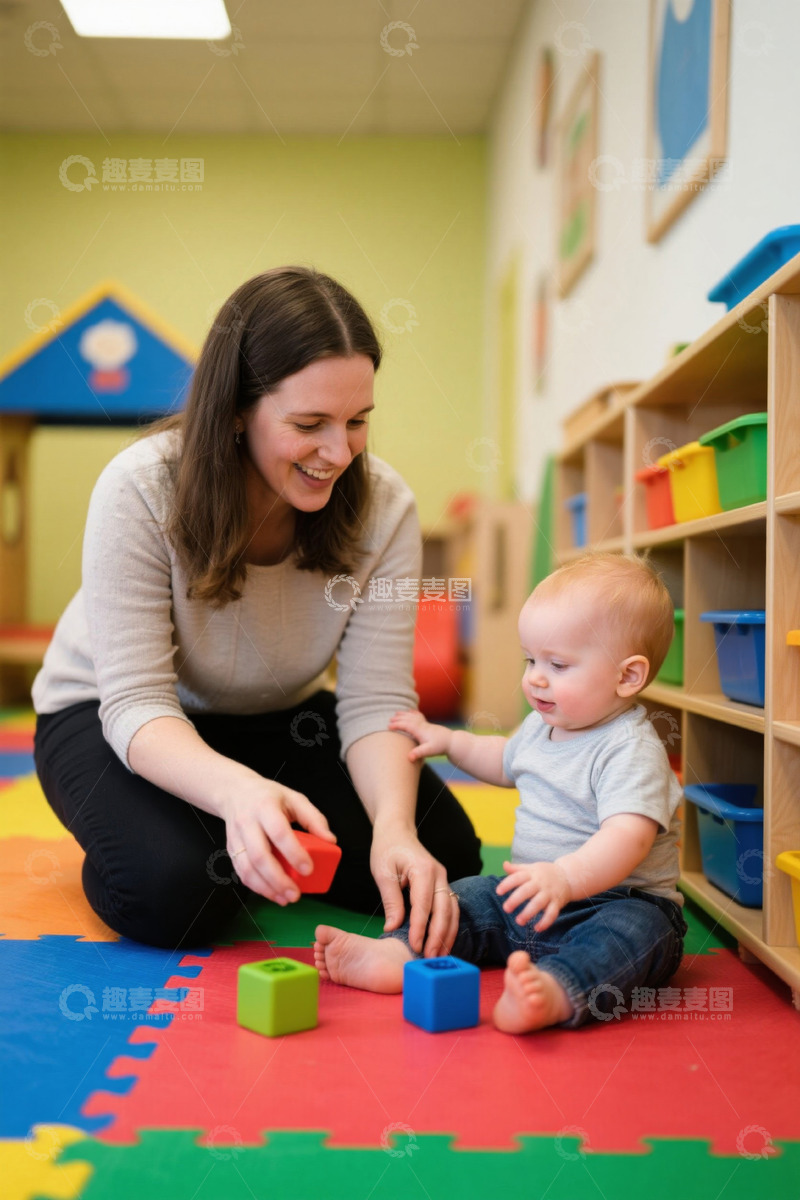 高清大图下载【趣麦麦图】女性与幼儿在室内玩积木