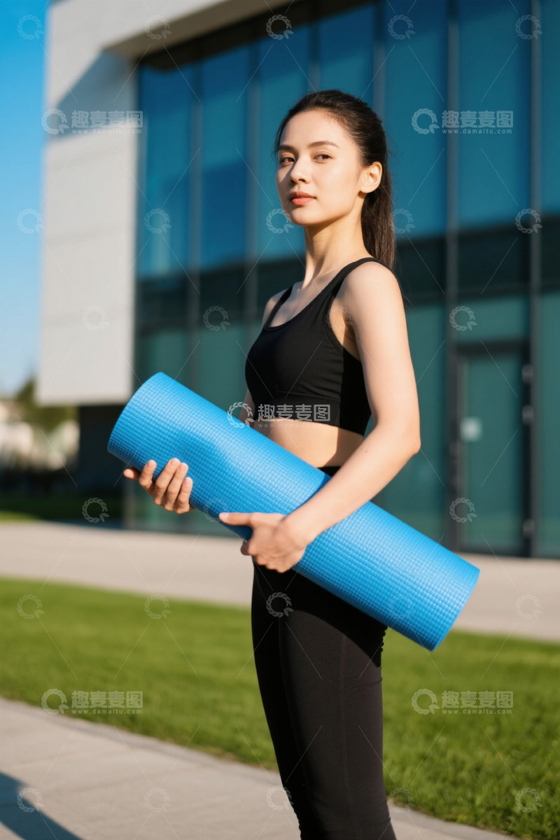 高清大图下载【趣麦麦图】户外持瑜伽垫的健身女性
