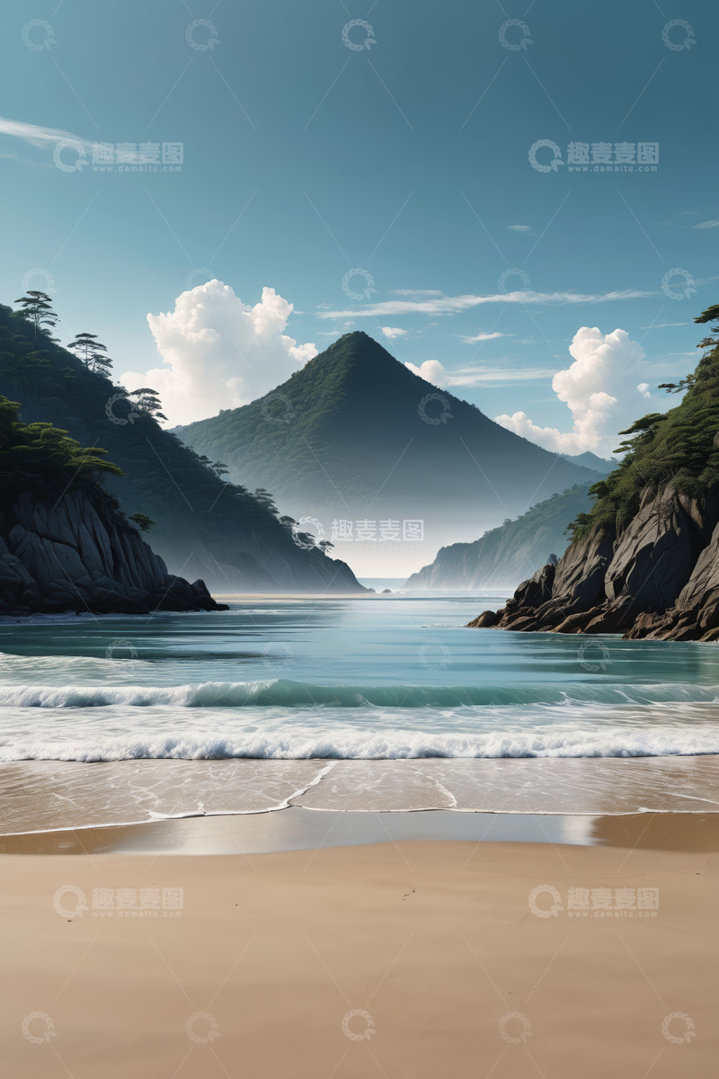 高清大图下载【趣麦麦图】海边沙滩与远山风景