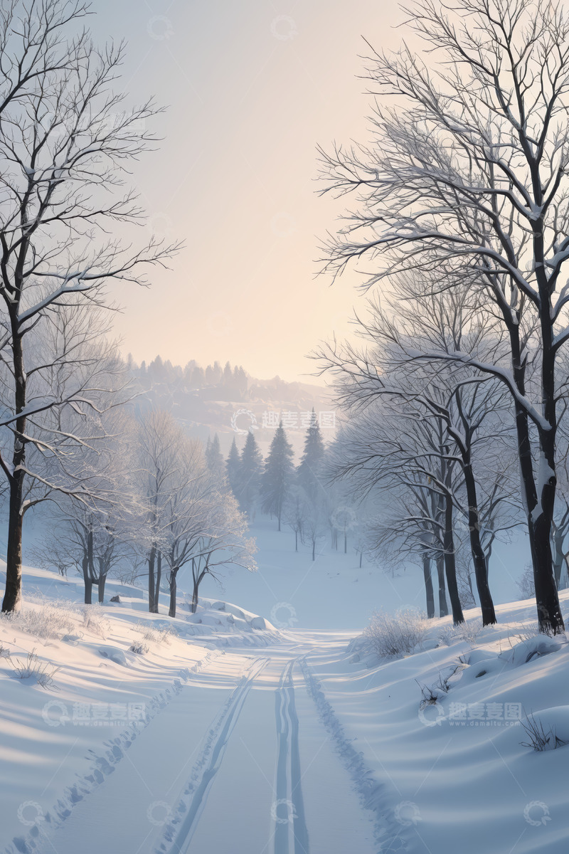 高清大图下载【趣麦麦图】冬日雪覆盖的林间道路