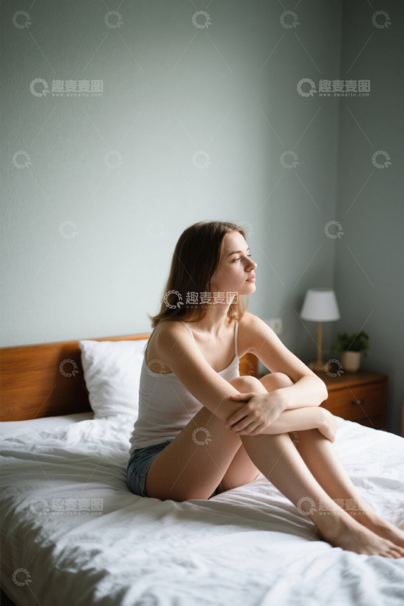 高清大图下载【趣麦麦图】女子坐在床上放松休息