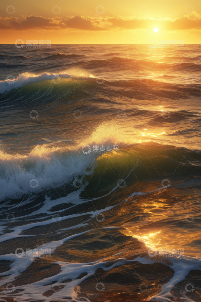 高清大图下载【趣麦麦图】海上日落时的波浪景观