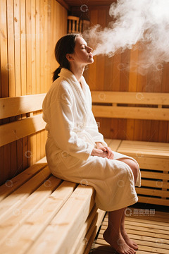 女子身着浴袍于桑拿房休憩