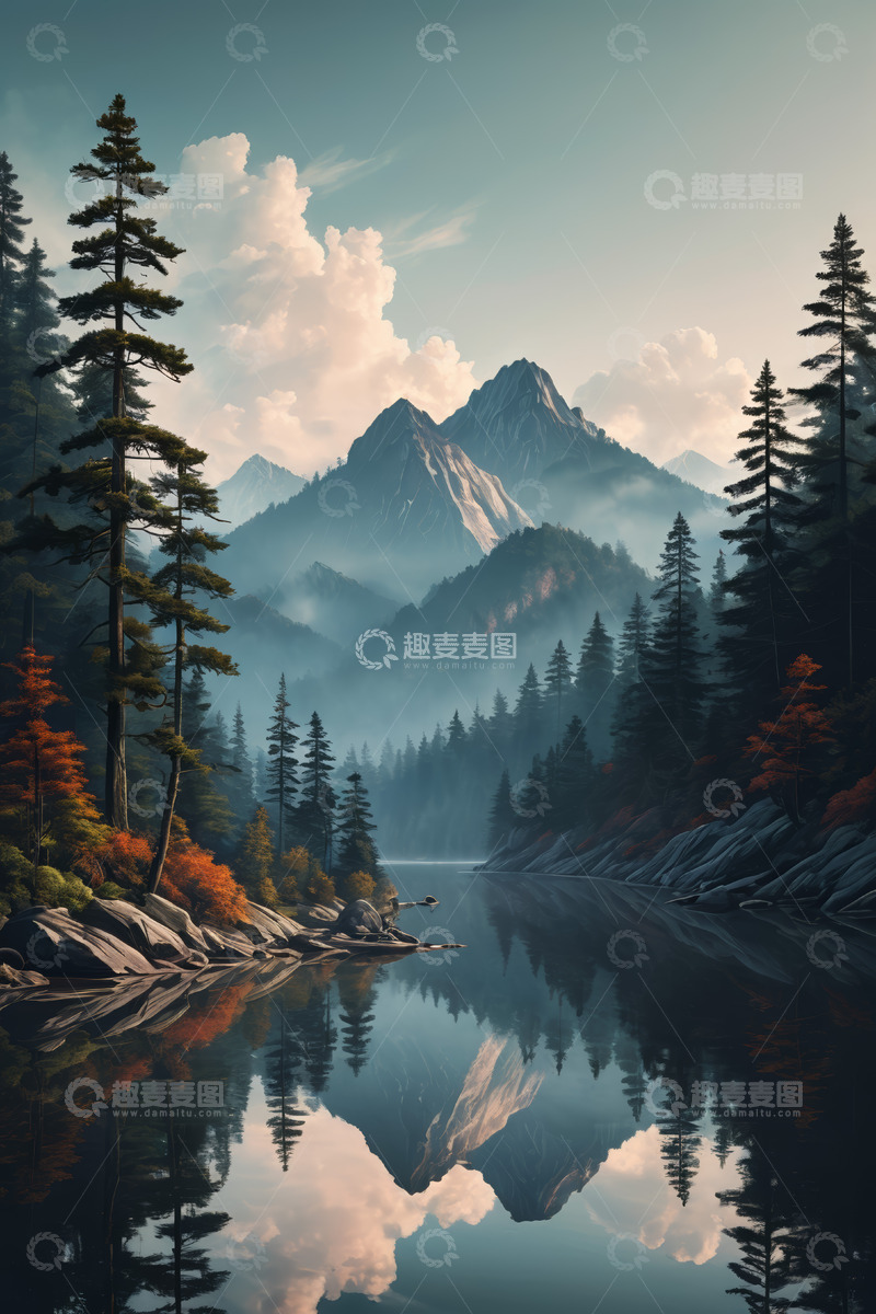 高清大图下载【趣麦麦图】山林湖泊自然风光全景