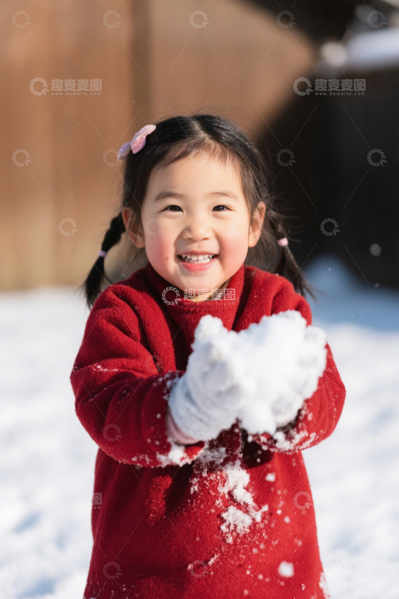 高清大图下载【趣麦麦图】红衣小女孩户外捧雪微笑