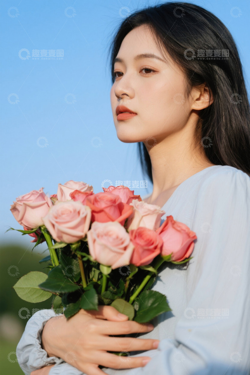 高清大图下载【趣麦麦图】户外手持玫瑰的女子