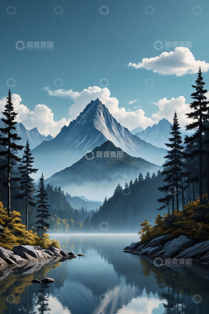 高清大图下载【趣麦麦图】山林湖泊自然风光全景