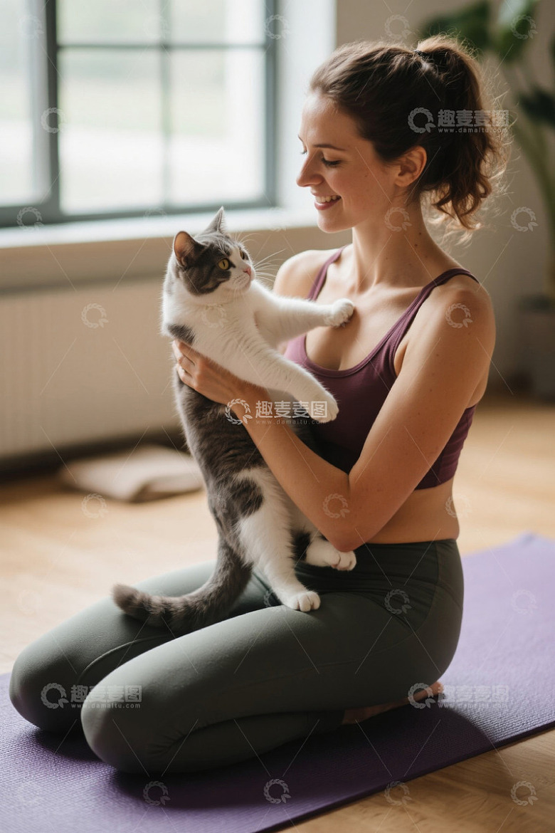 女子瑜伽垫上抱猫休闲场景