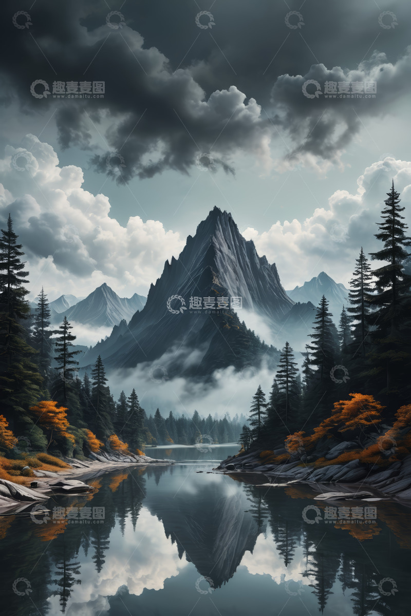 高清大图下载【趣麦麦图】云雾缭绕的山林湖泊自然景观