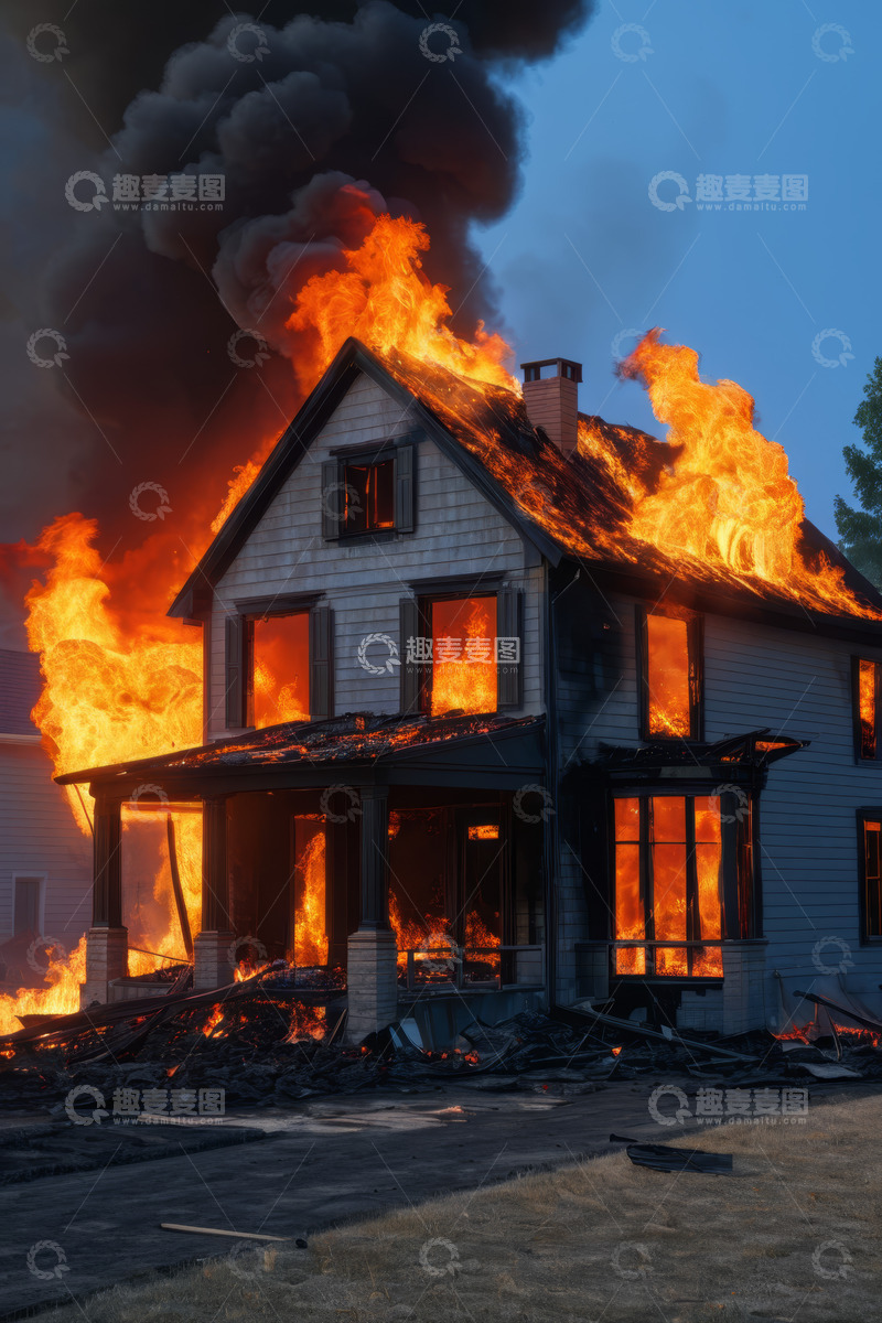 高清大图下载【趣麦麦图】燃烧的房屋与滚滚浓烟