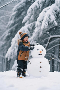 小孩户外堆雪人场景