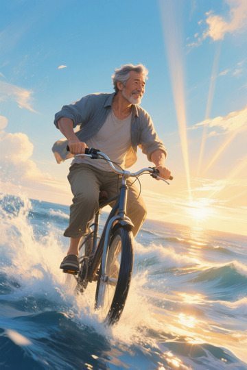 老人海边骑行场景