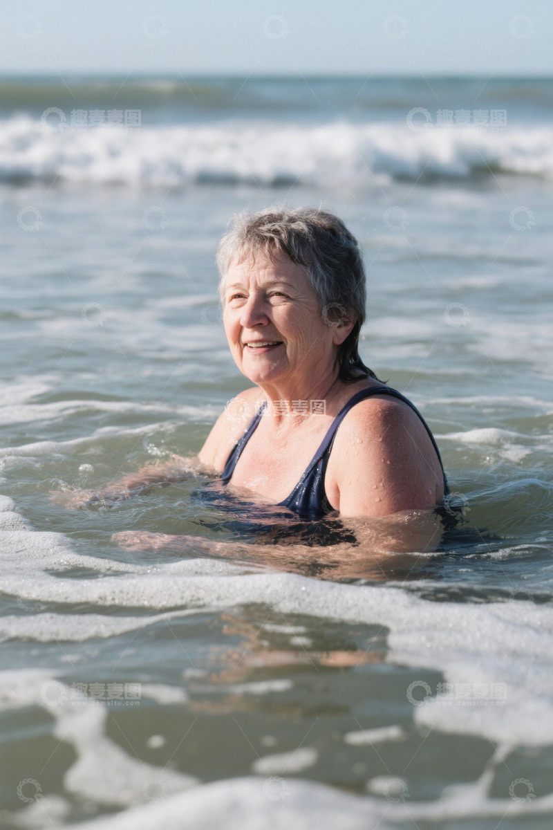 高清大图下载【趣麦麦图】老年女性海中游泳微笑画面