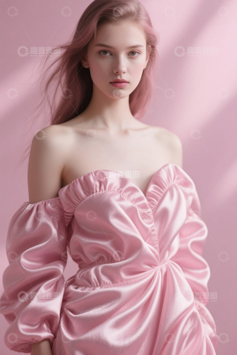 高清大图下载【趣麦麦图】粉色背景前穿露肩裙的女孩