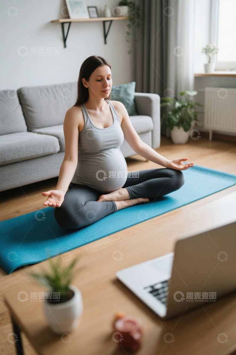 高清大图下载【趣麦麦图】孕妇在家中做瑜伽冥想