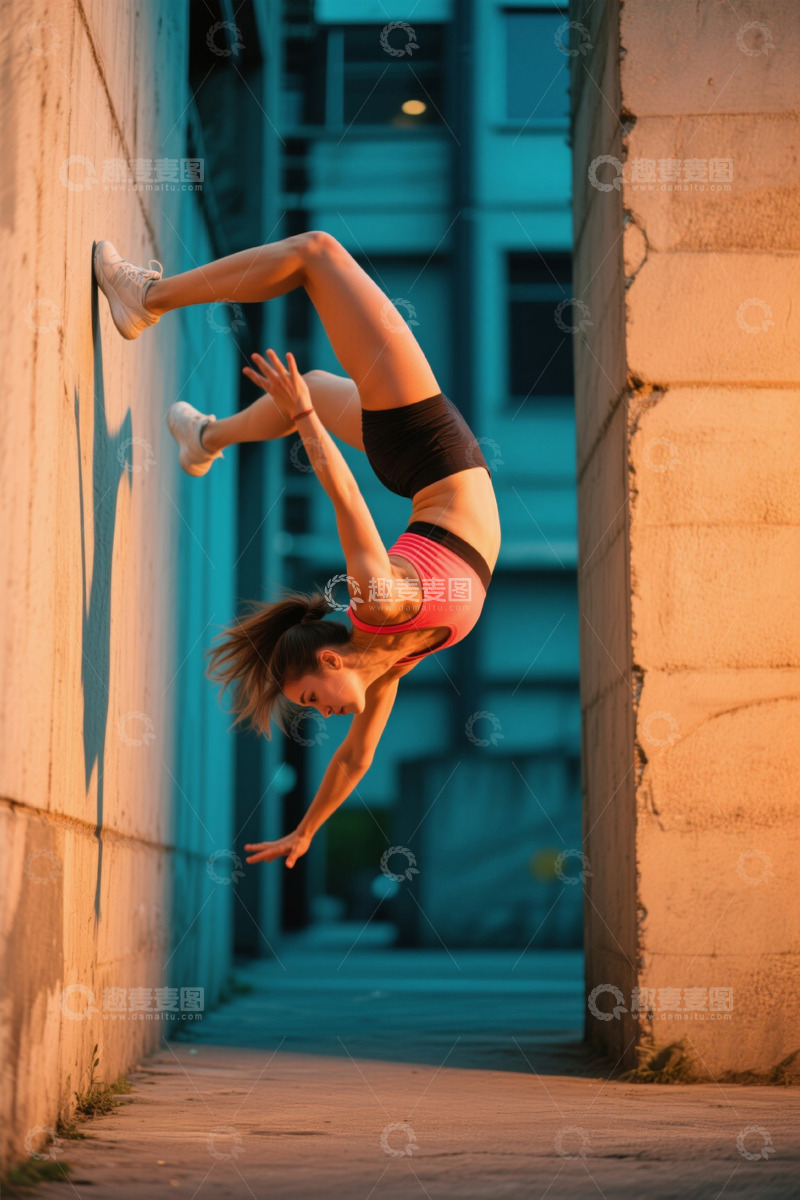 高清大图下载【趣麦麦图】户外女子靠墙倒立健身画面