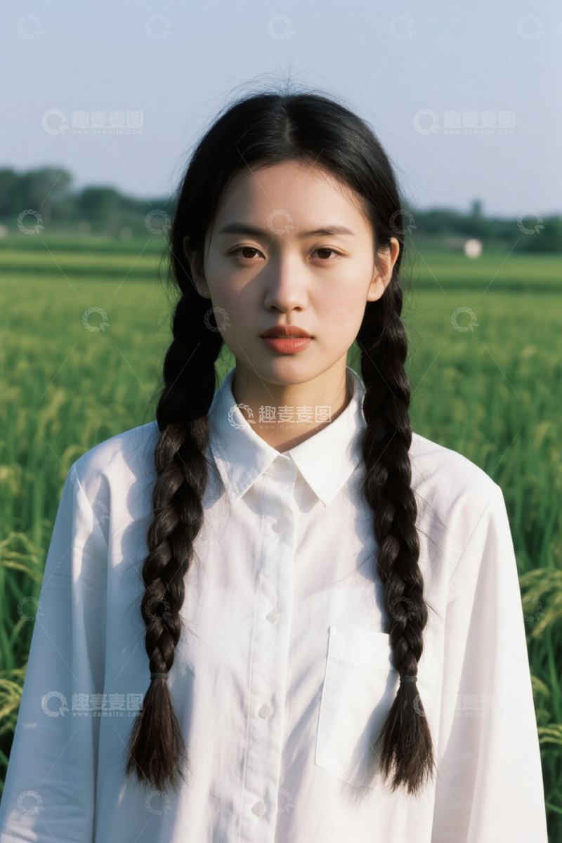 高清大图下载【趣麦麦图】田野中穿白衬衫的双麻花辫女孩