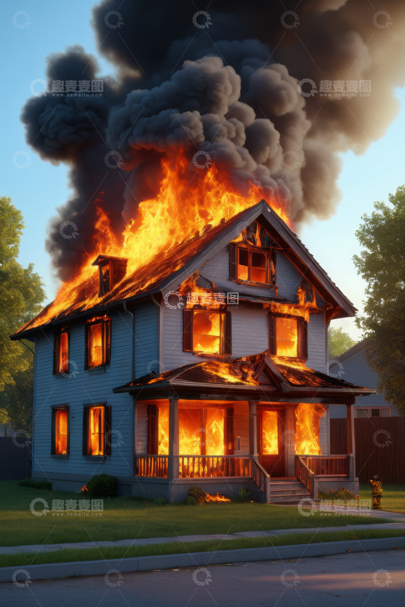 高清大图下载【趣麦麦图】燃烧的两层住宅房屋