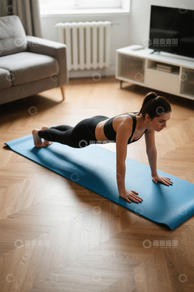 高清大图下载【趣麦麦图】室内女人做俯卧撑健身画面