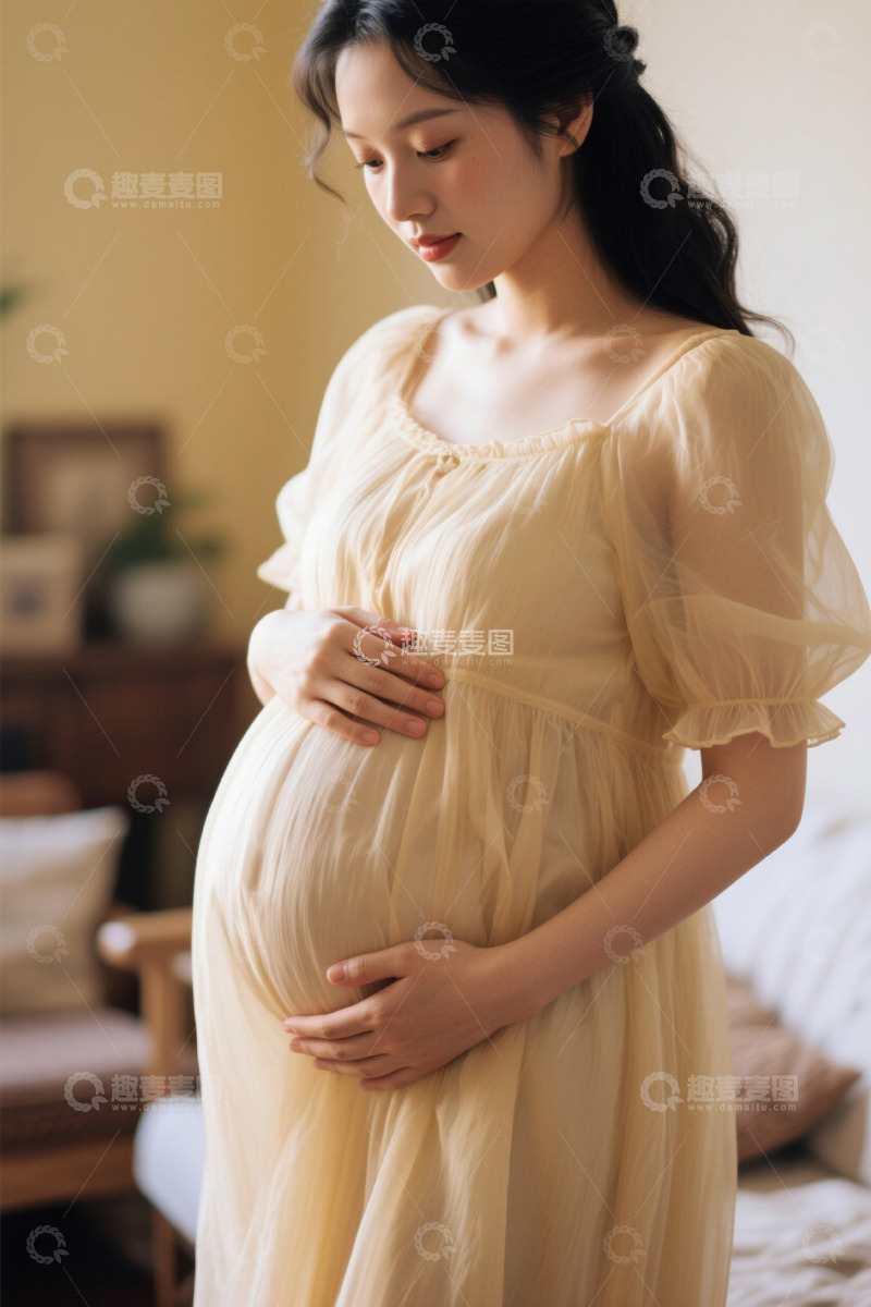 高清大图下载【趣麦麦图】居家孕妇轻抚腹部姿态