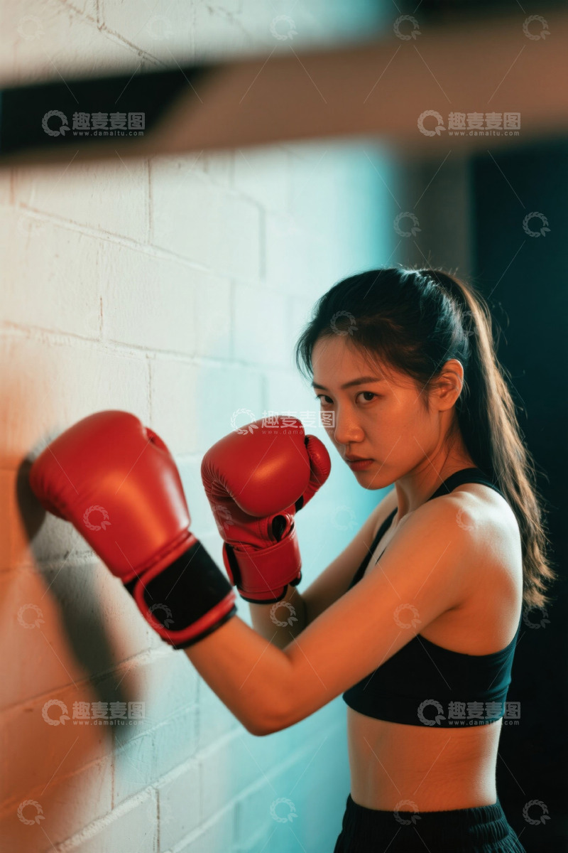 高清大图下载【趣麦麦图】健身房中戴拳击手套的女性