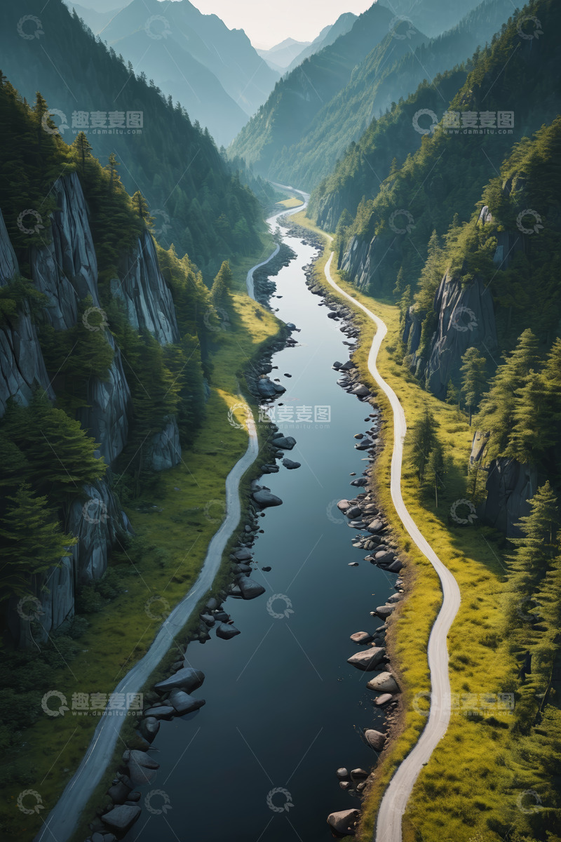 高清大图下载【趣麦麦图】山谷间河流与蜿蜒公路景观