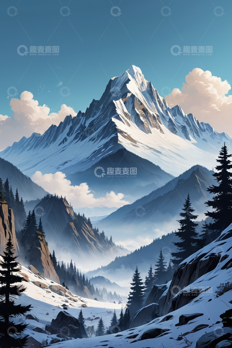 高清大图下载【趣麦麦图】雪山森林自然风光全景