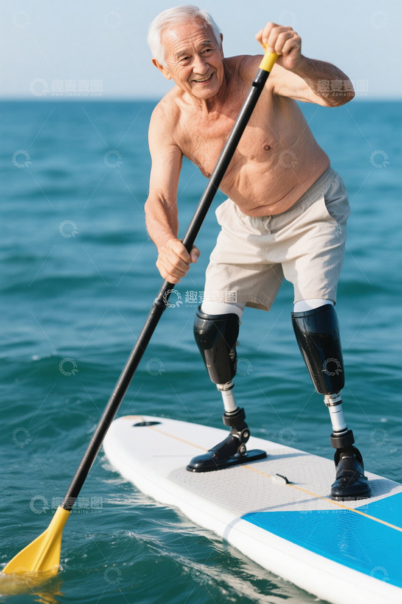 高清大图下载【趣麦麦图】残疾老人海上划桨板运动