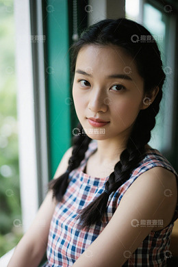 窗边少女微笑特写