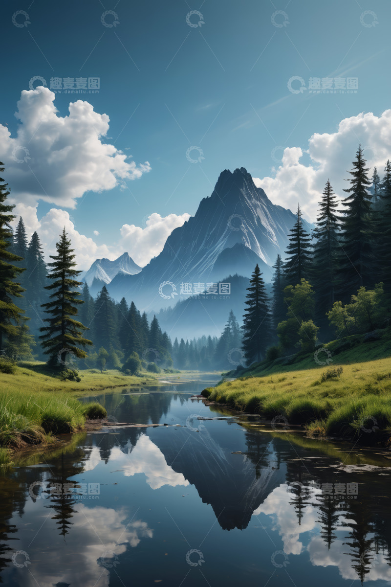 高清大图下载【趣麦麦图】山间河流与森林风景