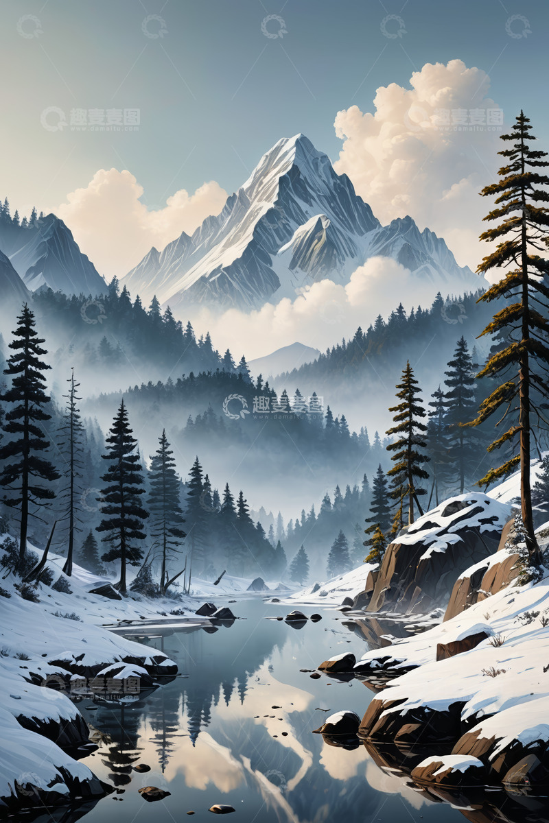 高清大图下载【趣麦麦图】雪山森林河流冬日风景