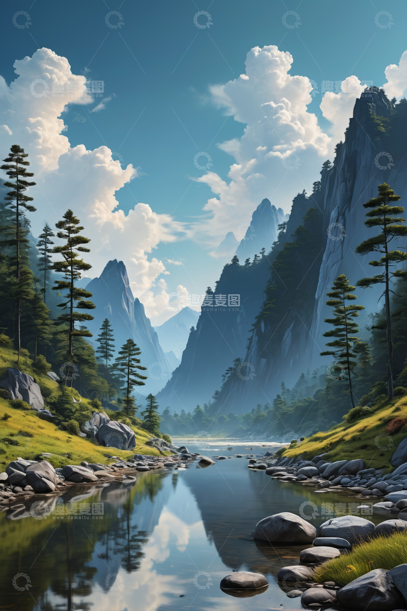 高清大图下载【趣麦麦图】山间河流自然风光全景