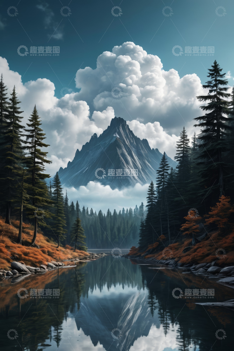 高清大图下载【趣麦麦图】山林间的湖泊与巍峨山峰景观