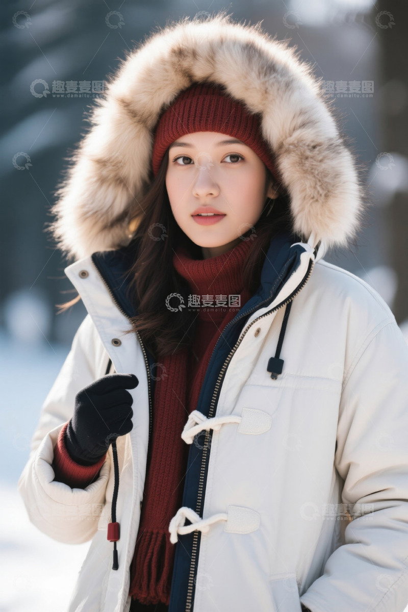 高清大图下载【趣麦麦图】冬日户外穿厚外套的年轻女子