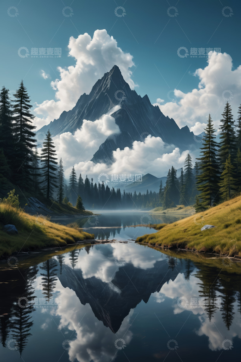 高清大图下载【趣麦麦图】山林间湖泊与远山的自然景观