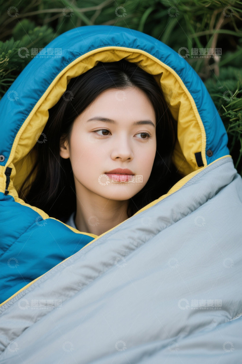 高清大图下载【趣麦麦图】裹睡袋的亚洲青年女性