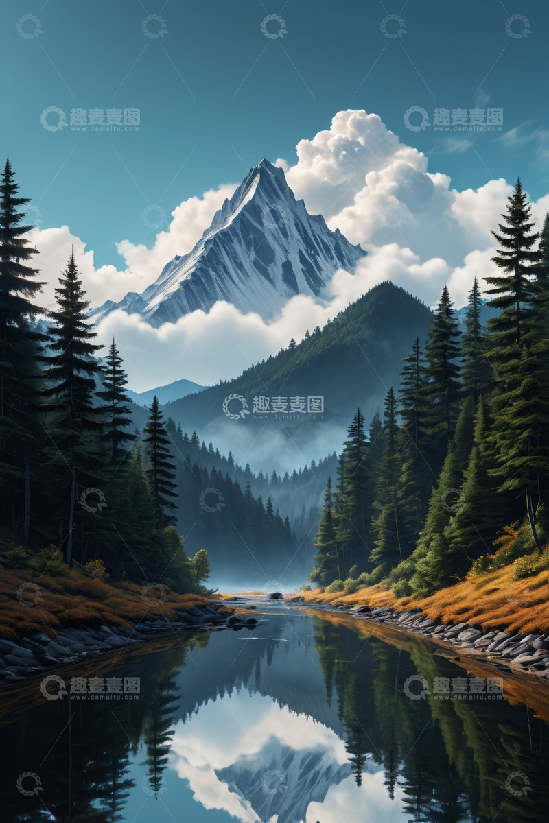 高清大图下载【趣麦麦图】山林间河流与巍峨山峰风景