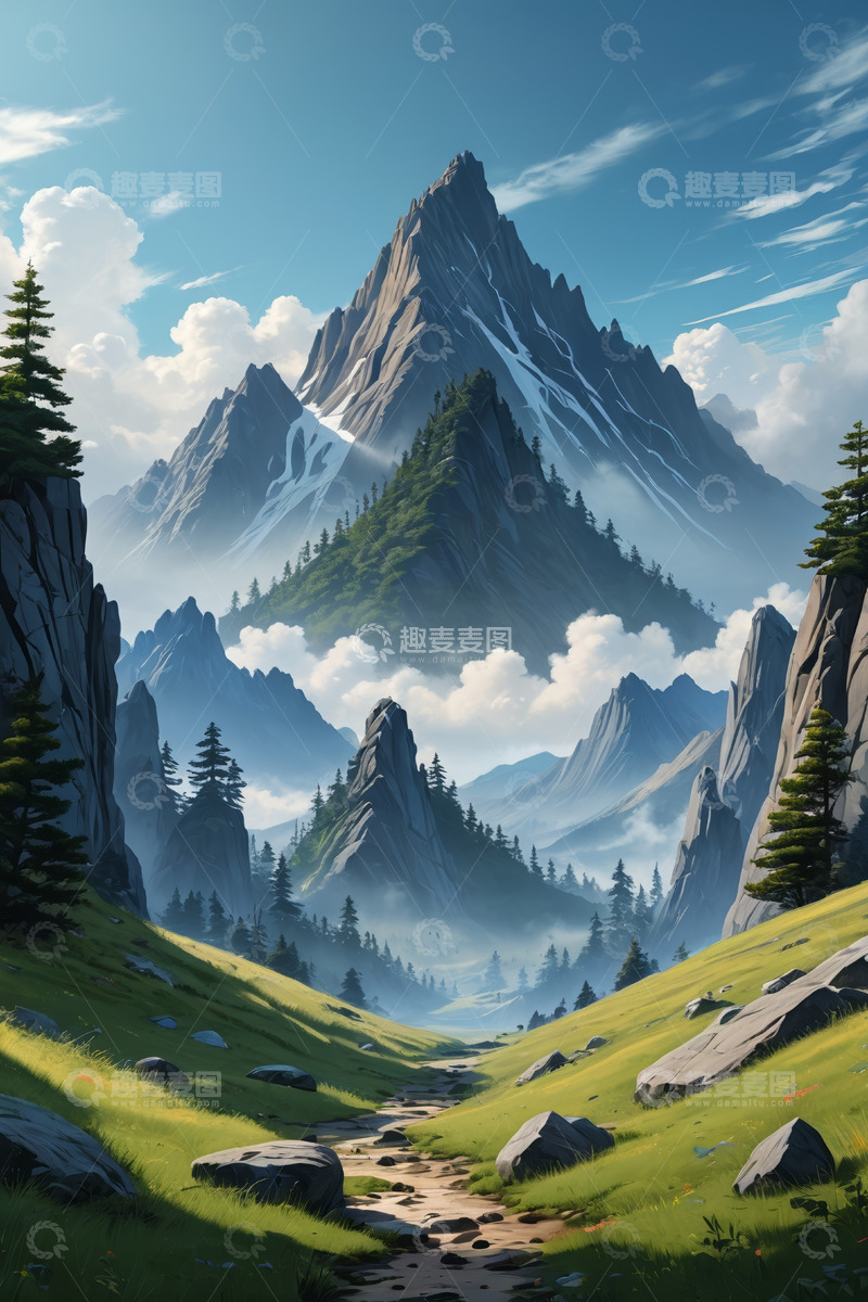 高清大图下载【趣麦麦图】山间草地与巍峨山峰风景