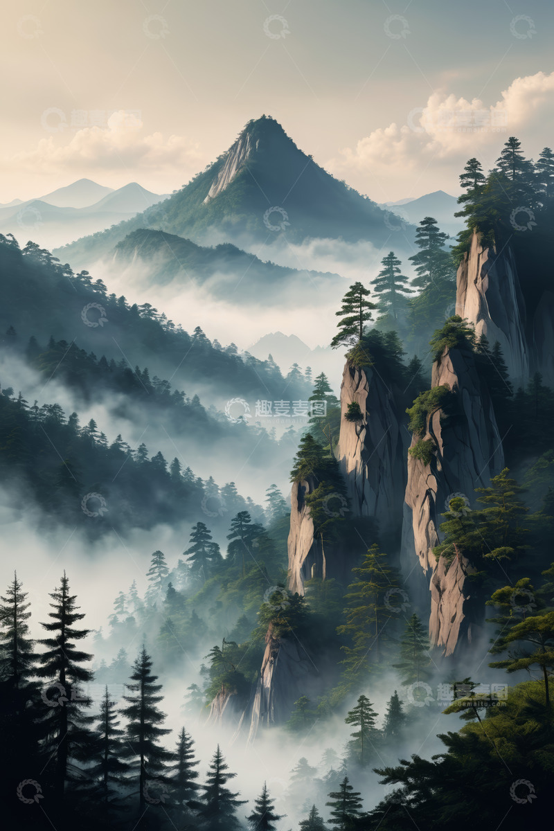 高清大图下载【趣麦麦图】山林间云雾缭绕的自然风光