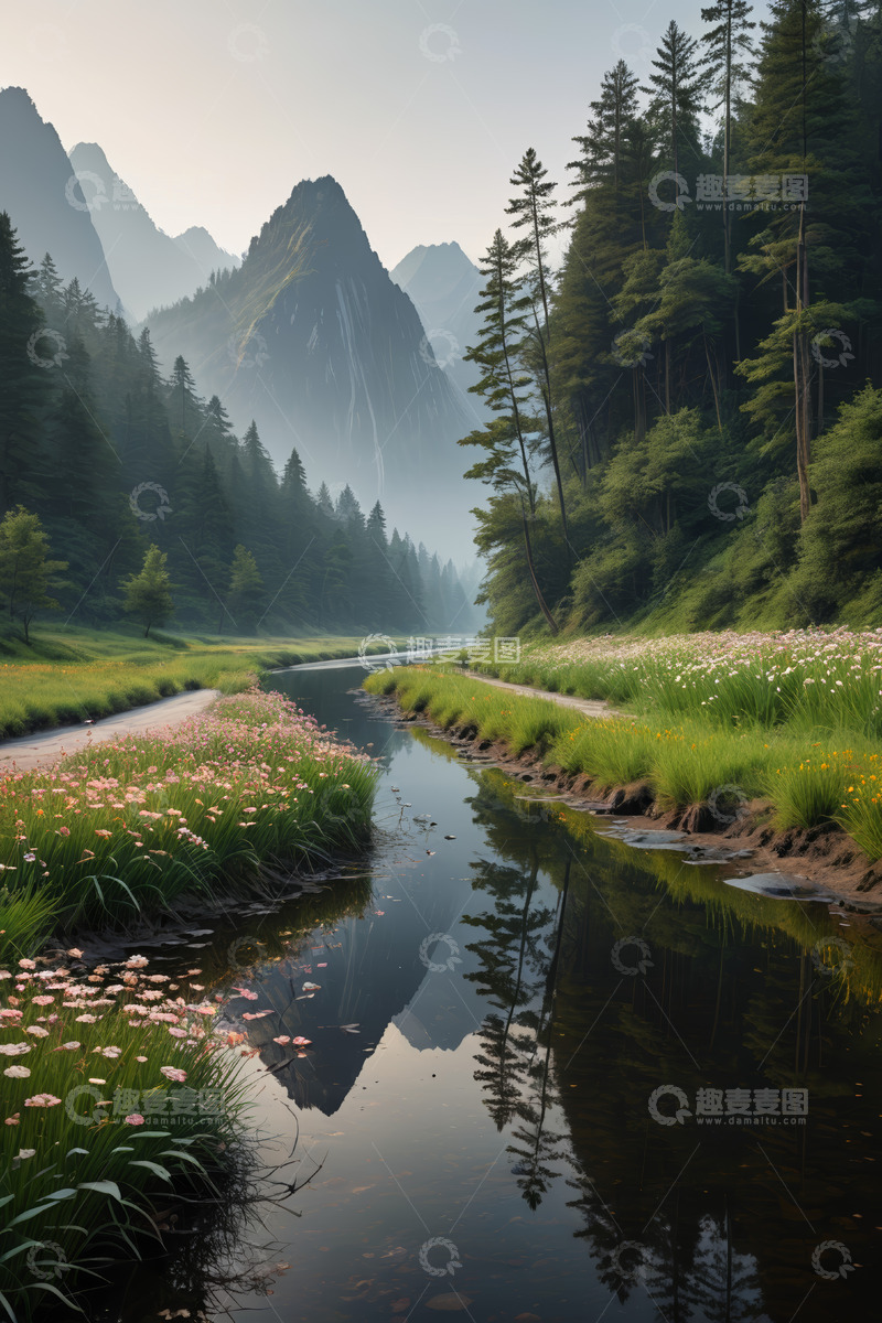 高清大图下载【趣麦麦图】山林间河流与繁花自然景观
