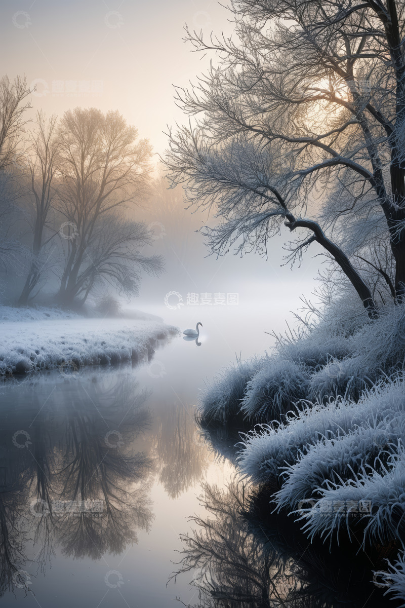 高清大图下载【趣麦麦图】冬日河畔天鹅与雾凇景观
