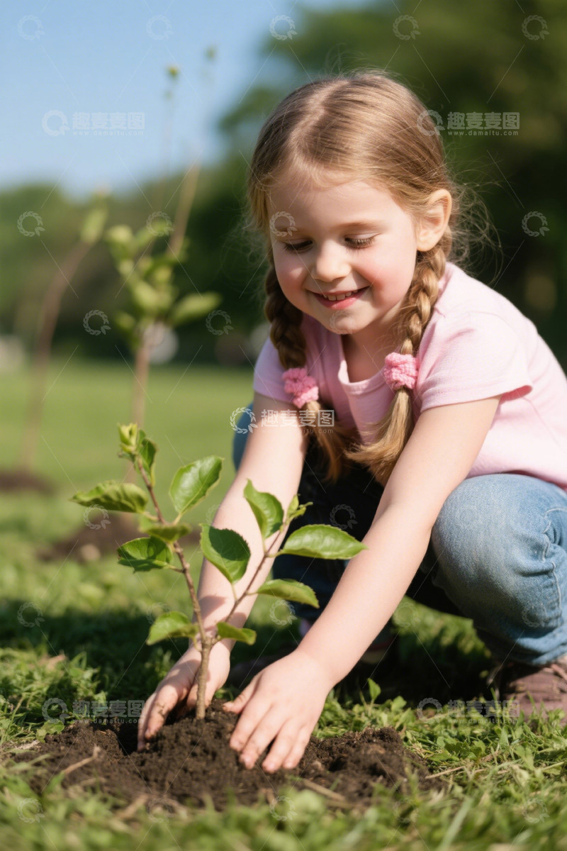 高清大图下载【趣麦麦图】小女孩户外种植绿植画面