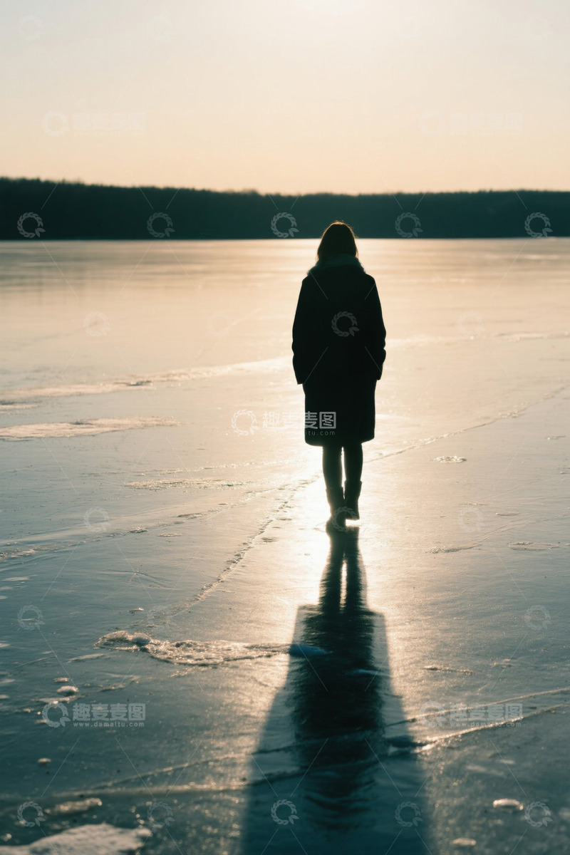 高清大图下载【趣麦麦图】女子在冰冻湖面独自行走