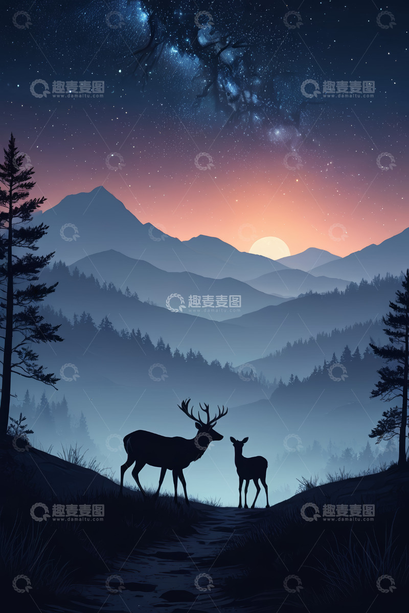 高清大图下载【趣麦麦图】山林月夜下的鹿群剪影