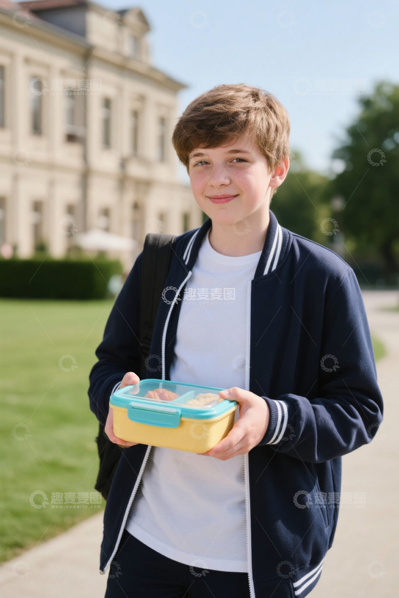 高清大图下载【趣麦麦图】男孩手持餐盒站在户外