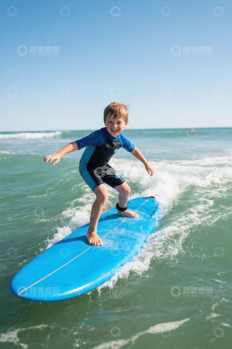 高清大图下载【趣麦麦图】小男孩在海上冲浪
