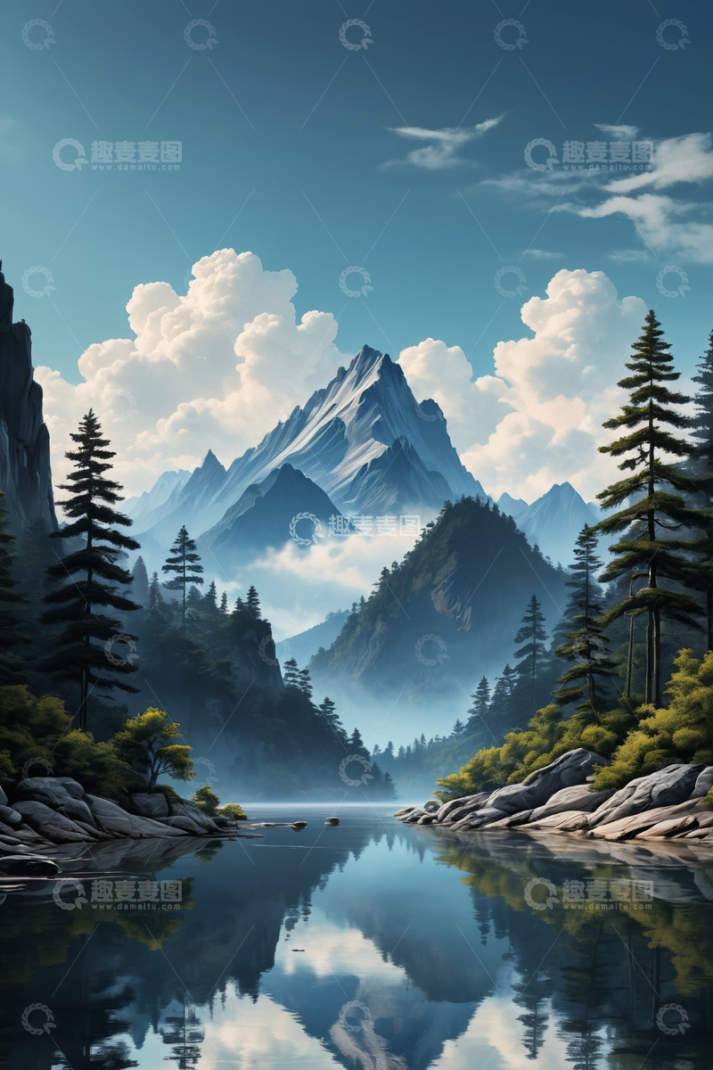 高清大图下载【趣麦麦图】山间湖泊自然风光全景