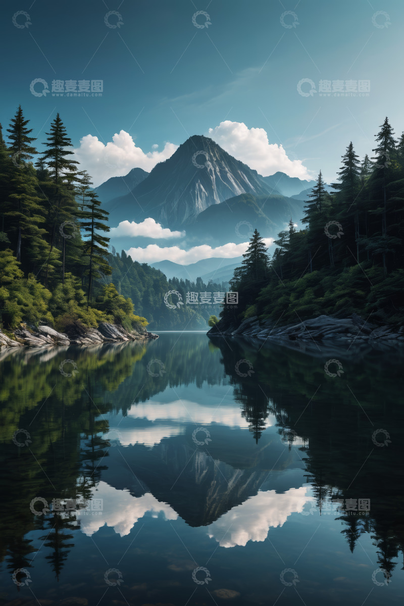 高清大图下载【趣麦麦图】山林间平静湖水与山景倒影